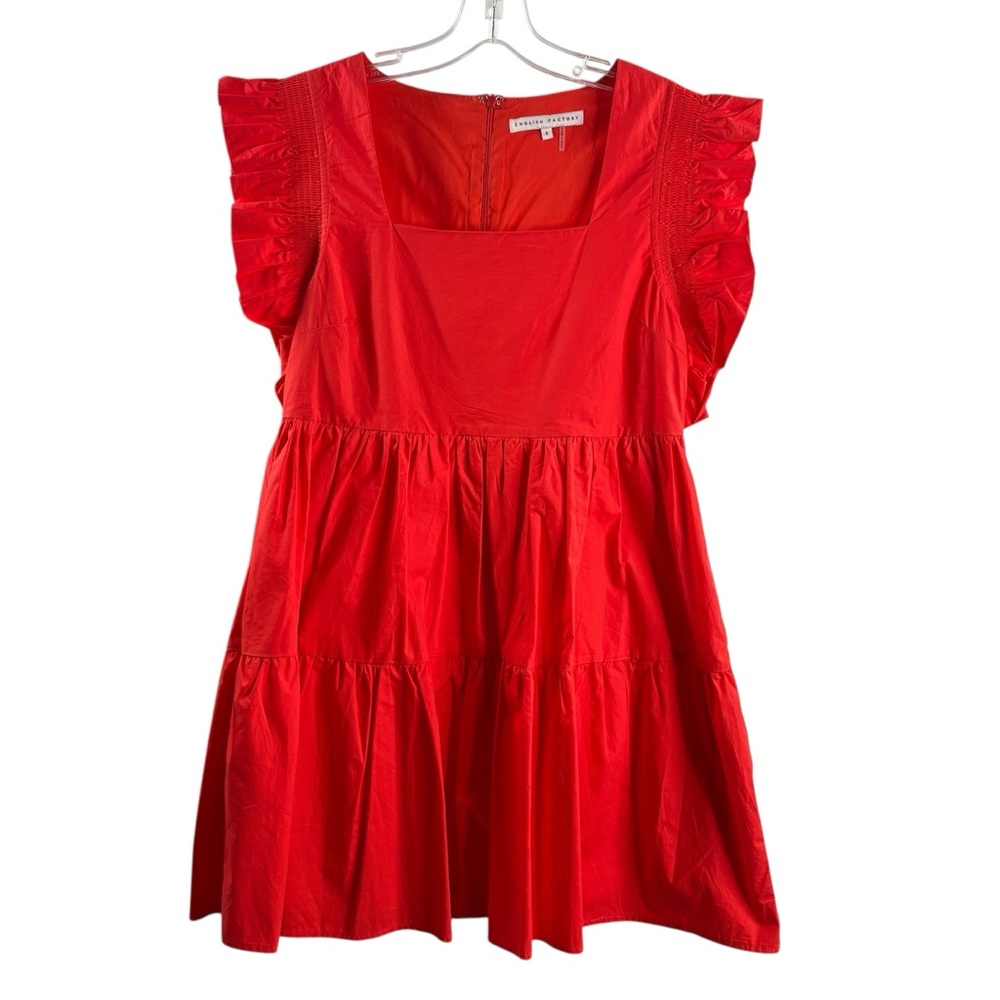ENGLISH FACTORY CORAL RED RUFFLED MINI DRESS WITH SMOCKING DETAIL SIZE SMALL